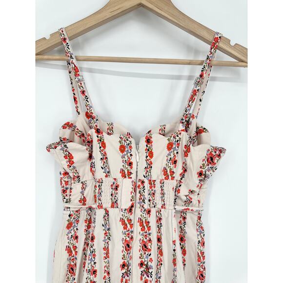 Anthropologie Slim Scalloped Corset Dress Floral Striped Belted Button Slit Midi - Picture 11 of 14